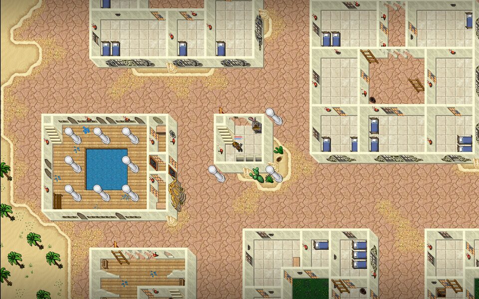 A desert town of white stone on cracked sand.